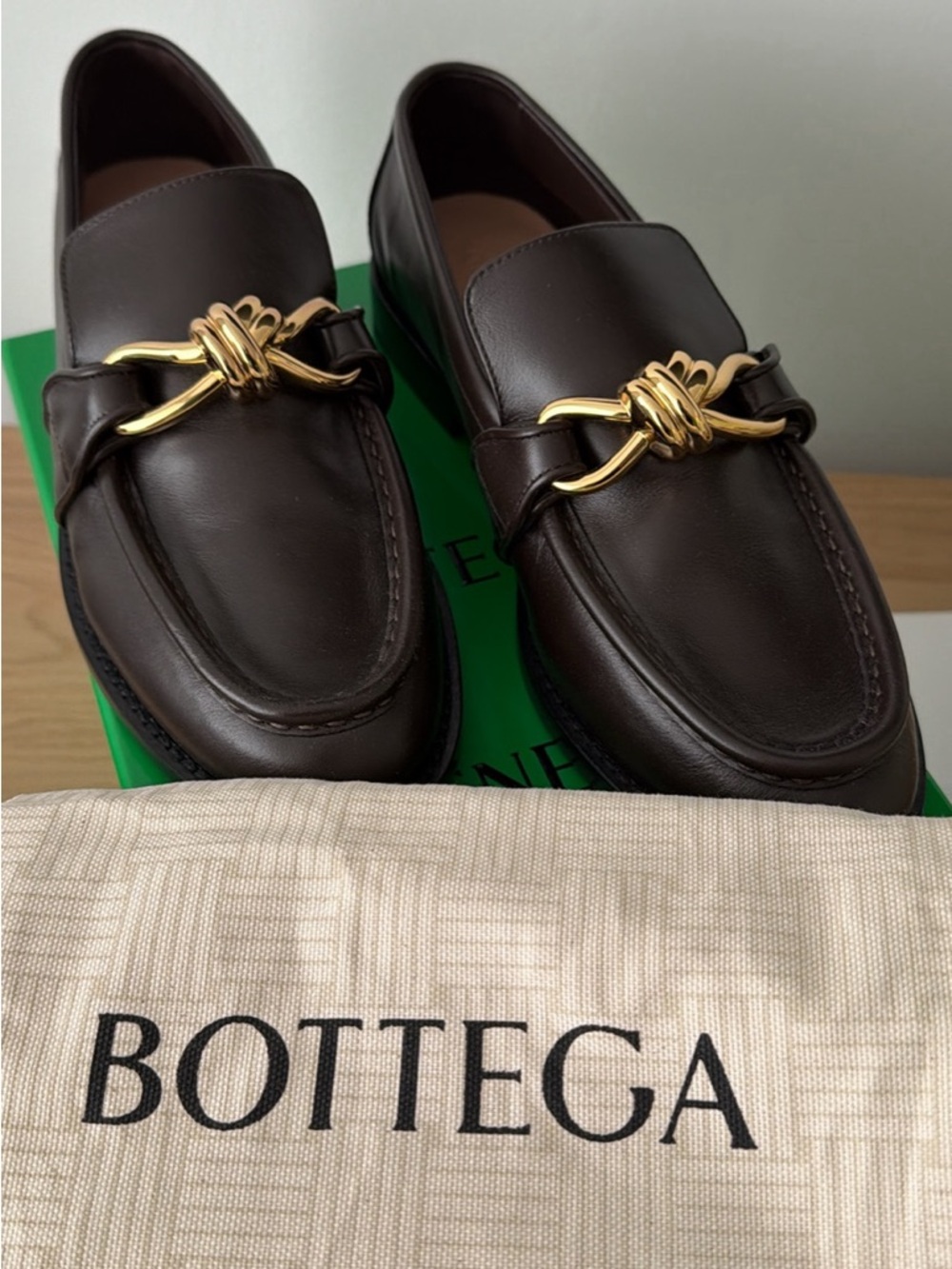 Bottega Veneta Dark Brown Leather Loafers with Gold Knot Hardware